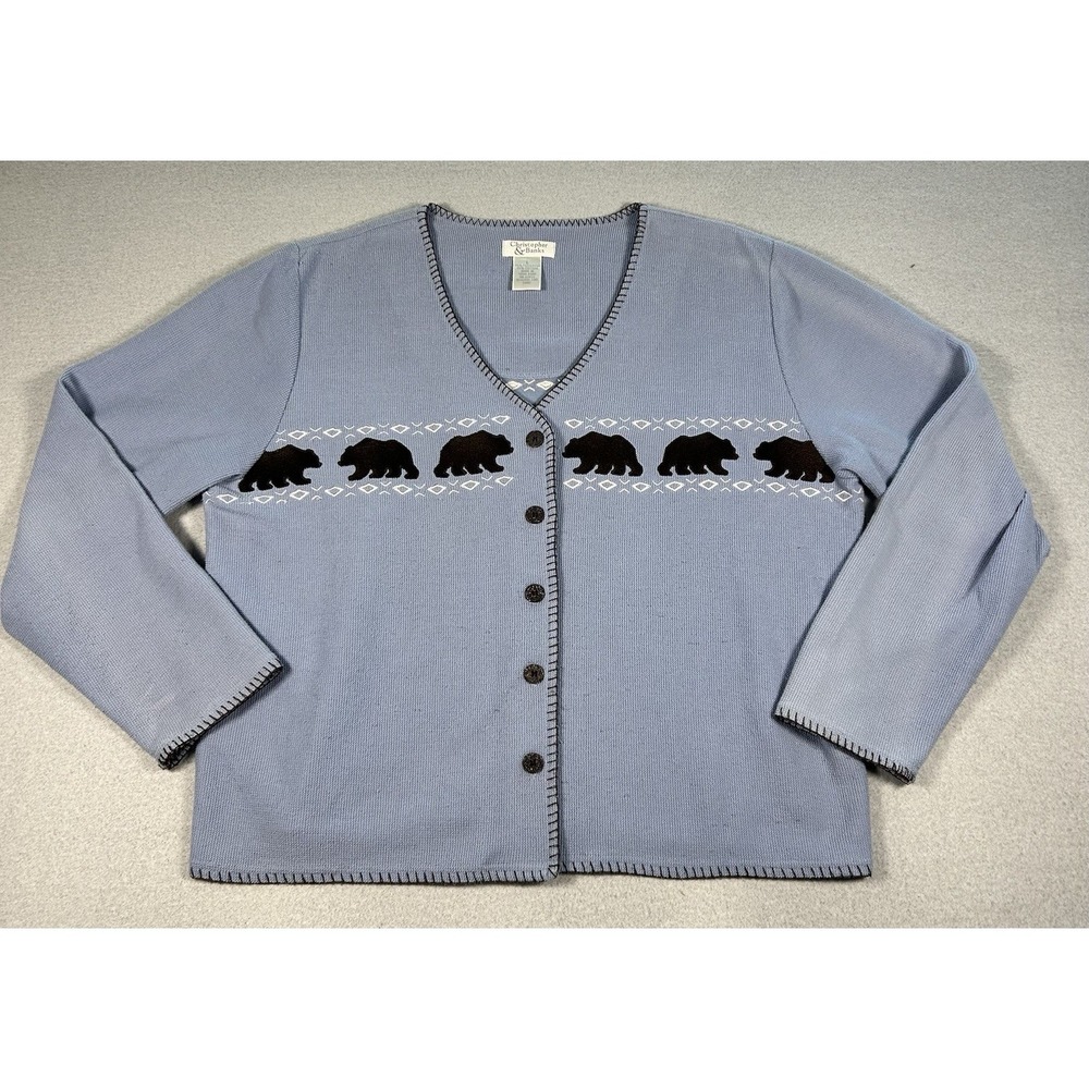 VTG Womens Knit Button Up Cottagecore Granny Bear Cardigan Blue LARGE